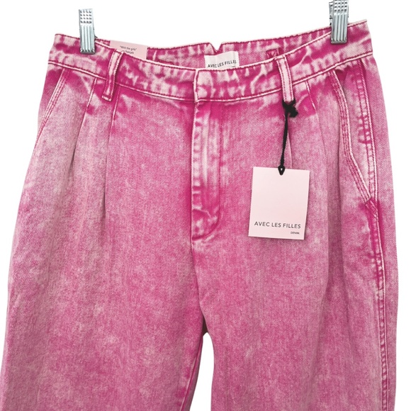 NWT Avec Les Filles Pink Acid Wash Wide Leg Pleated Denim Trouser 28 - Picture 8 of 14